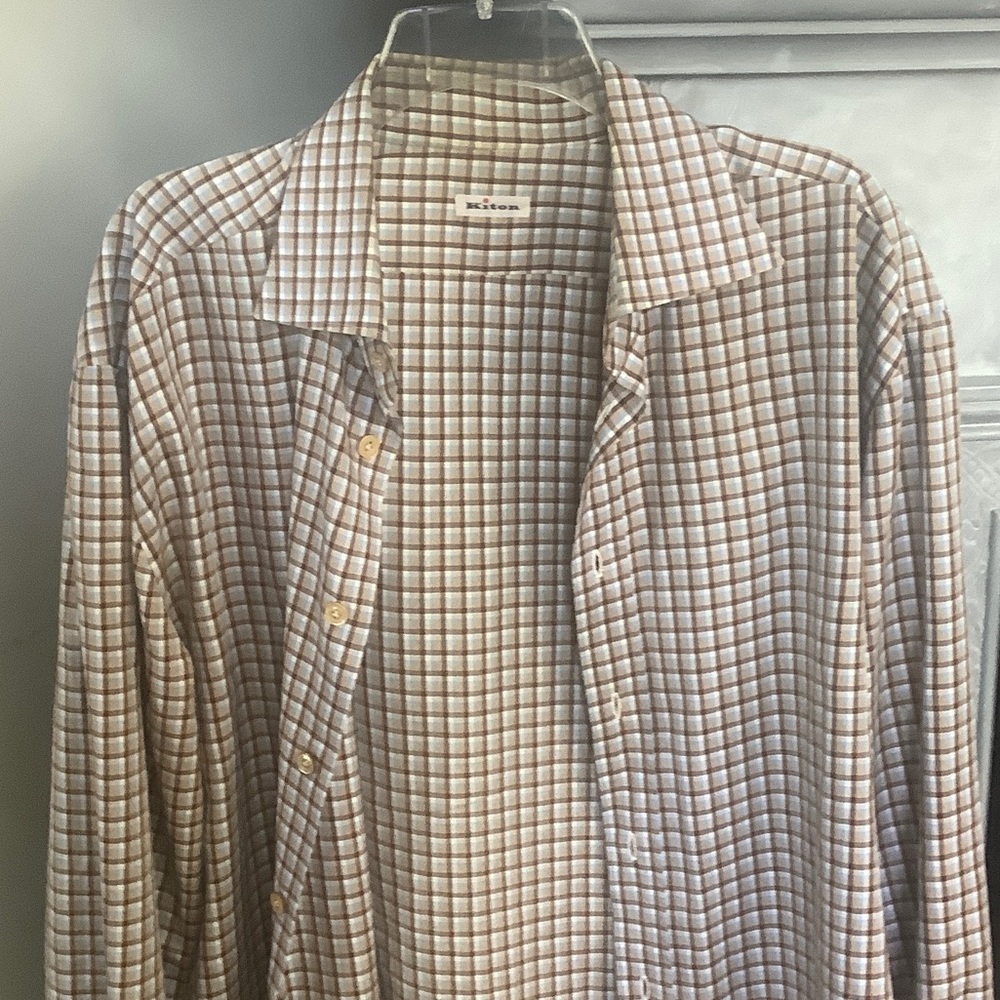 Kiton Beige and White Checked Casual Button-Down Shirt Large